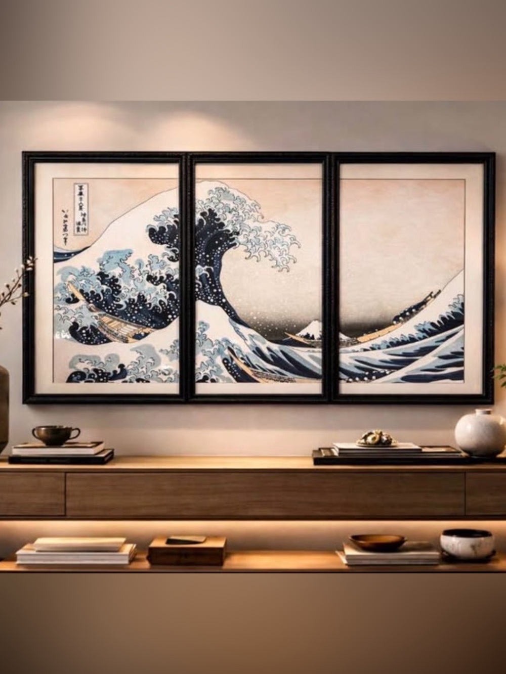 42x26” “The Great Wave off
Kanagawa” art print w black frame 3 panels